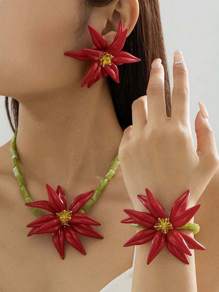 Red Flower and Green Crystal Heart Design Acrylic Earrings, Necklace and Bracelet Set, Bohemian Chic Style, Suitable for Valentine's Day Gifts, Parties, Events and Daily Use