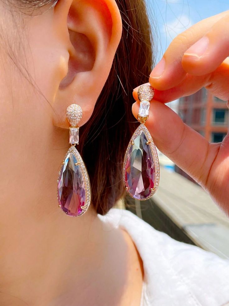 Pair of Light Gold Plated Large Colorful Drop Dangle Long Earrings with Cubic Zirconia, Crystal Bridal Jewelry Accessories for Engagement, Wedding, Party, Gifts