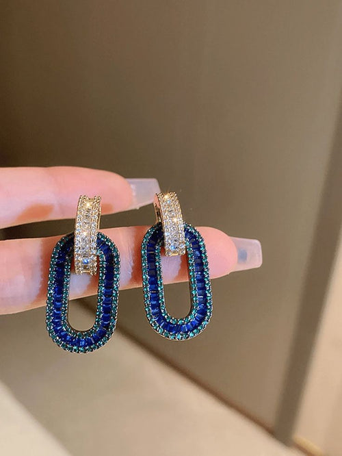 1pc Gorgeous Romantic Rhinestone Inlaid Rhine Blue Oval Earring For Women, Party & Engagement Gift
