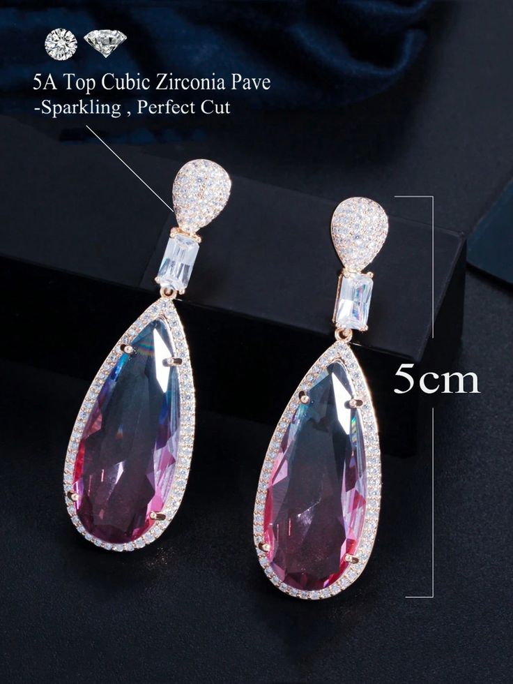 Pair of Light Gold Plated Large Colorful Drop Dangle Long Earrings with Cubic Zirconia, Crystal Bridal Jewelry Accessories for Engagement, Wedding, Party, Gifts
