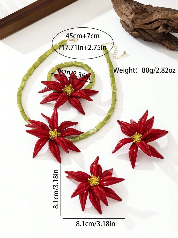 Red Flower and Green Crystal Heart Design Acrylic Earrings, Necklace and Bracelet Set, Bohemian Chic Style, Suitable for Valentine's Day Gifts, Parties, Events and Daily Use
