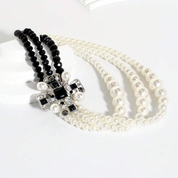 Multi-layer flower necklace with beads, simulated pearl and stone rhinestones in black asymmetrical vintage design, gift for Mother's Day, Mother's Day, and Mother's Day