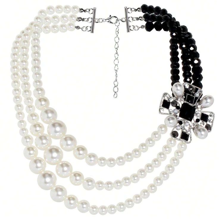 Multi-layer flower necklace with beads, simulated pearl and stone rhinestones in black asymmetrical vintage design, gift for Mother's Day, Mother's Day, and Mother's Day