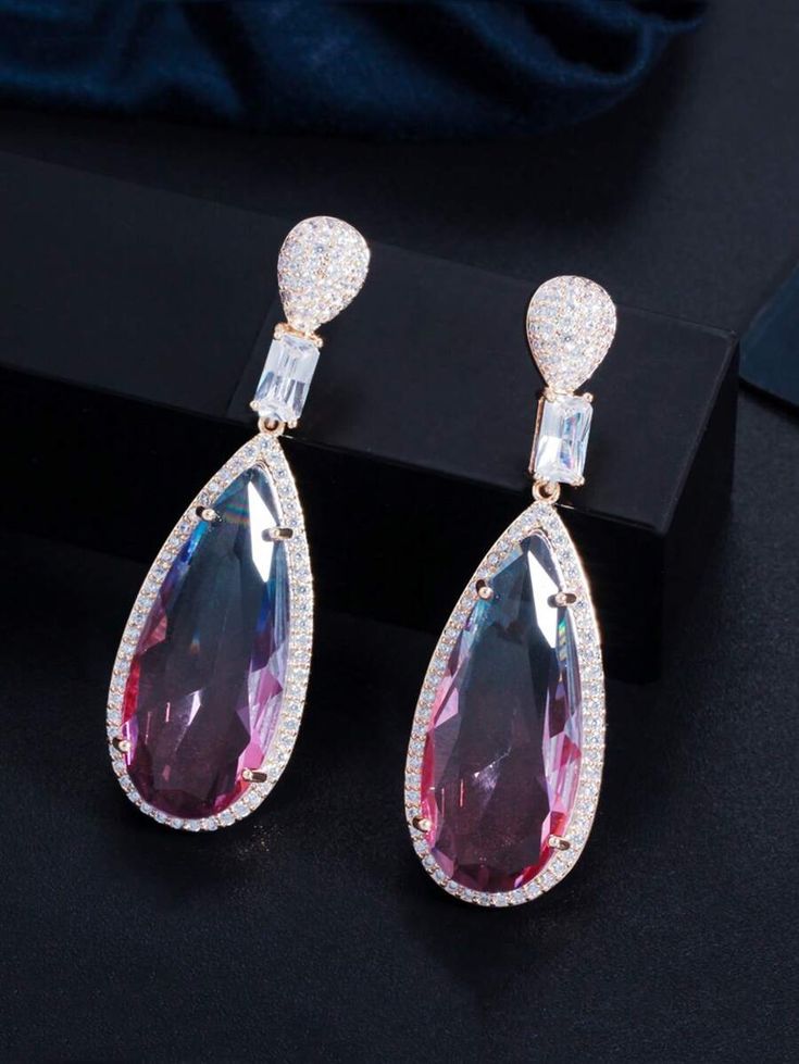 Pair of Light Gold Plated Large Colorful Drop Dangle Long Earrings with Cubic Zirconia, Crystal Bridal Jewelry Accessories for Engagement, Wedding, Party, Gifts