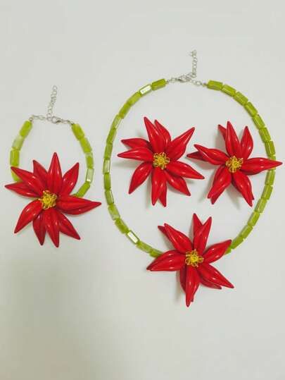 Red Flower and Green Crystal Heart Design Acrylic Earrings, Necklace and Bracelet Set, Bohemian Chic Style, Suitable for Valentine's Day Gifts, Parties, Events and Daily Use